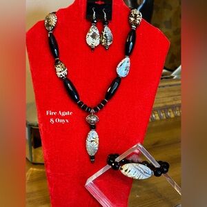 2Pc Handcrafted Onyx & Fire Agate Necklace & Earrings set.